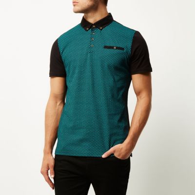 Teal block print polo shirt